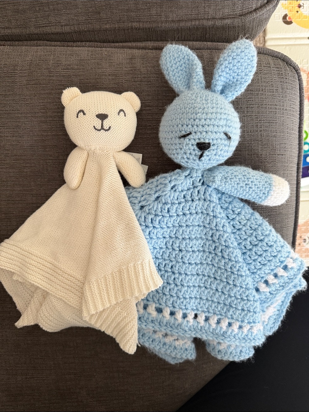 Plush Knit Bear and Crochet Bunny (Handmade) Loveys - Cream & Light Blue